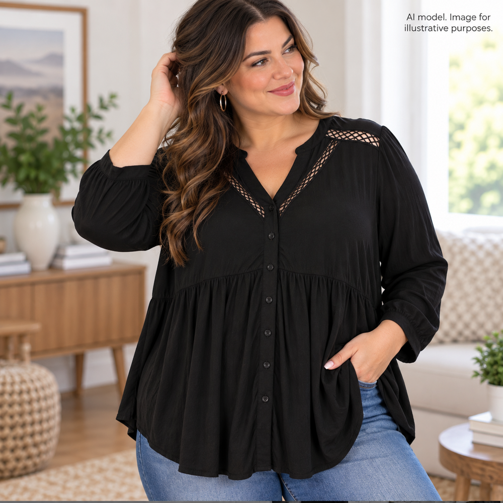 Torrid Shirt 2 Womens 2X Black Emma Babydoll Flowy Gathered Lace Cutout Popover